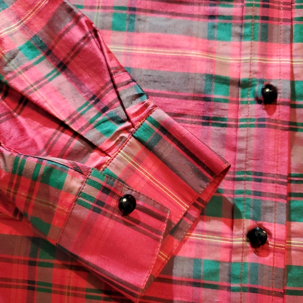 Appleseeds 100% Silk Size 16 Womens Button Up Red and Green Plaid Shirt - Picture 7 of 16